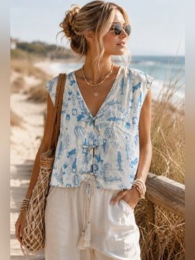 Cynthia Rowley NWT 100% Linen Tie-Front Blouse S